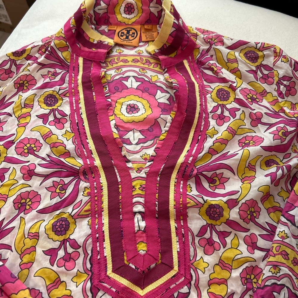 Tory Burch Pink Yellow Floral Print Long-sleeve Tunic Blouse 8 Cotton Bohemian - Picture 4 of 6